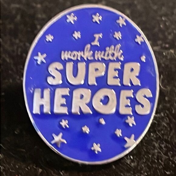 Vintage Saudville, Inc oval silver tone/blue enamel I work with super heroes pin - Picture 1 of 10